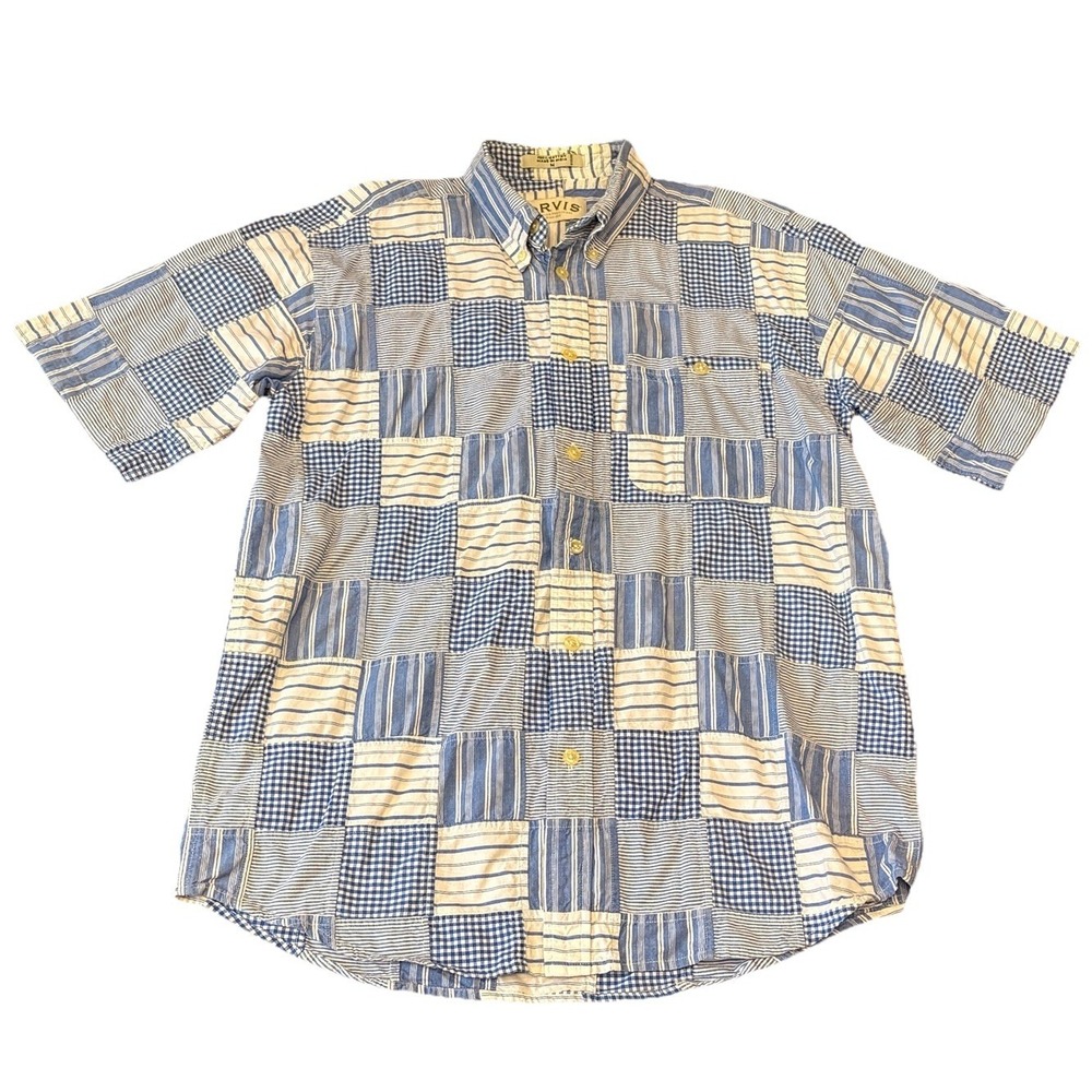 Orvis Patchwork Mens Shirt Sz Medium Blue Plaid Patches Short Sleeve Button Down